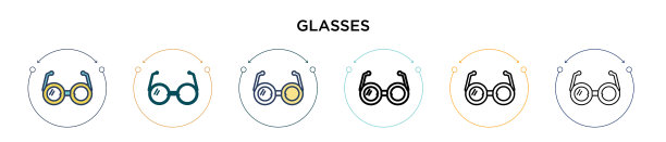 眼镜图标在填充细线和轮廓线图片下载