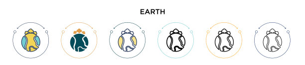 绿色地球图标在填充细线轮廓和图片下载