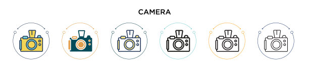 相机图标在填充细线和轮廓线图片下载