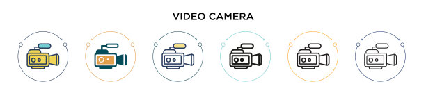 摄像头图标在填充细线和轮廓线图片下载