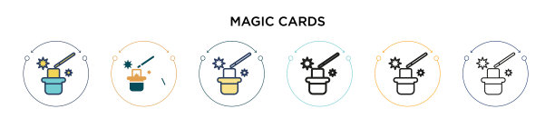 魔术牌图标在填充细线和轮廓线图片下载