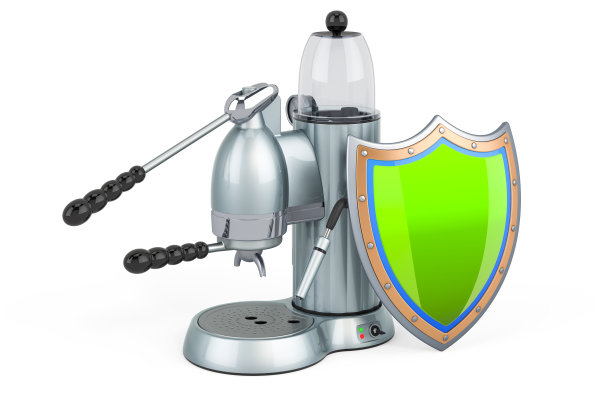 咖啡机复古设计与盾牌，3D渲染孤立的白色背景图片下载