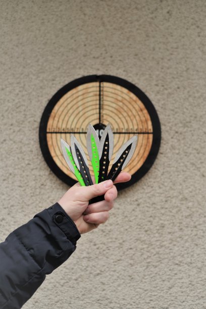 把刀。运动和爱好的概念。在一个男人的手中扔刀子和一个目标在墙上。户外运动。目标实现的概念。图片下载