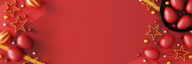 美丽的复活节彩蛋在红色的背景。横幅，贺卡和海报模板设计。平的。前视图。三维演示图片下载