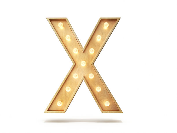灯泡发光字体，3Dalphabet字母X，孤立的白色背景，股票照片图片下载