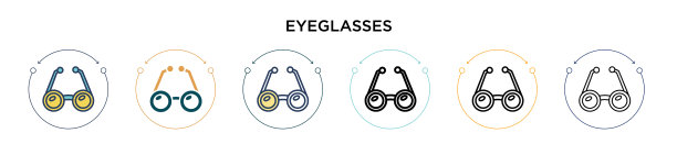 眼镜图标在填充细线和轮廓线图片下载