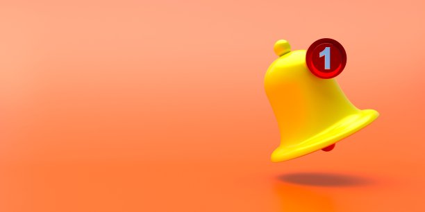 通知铃图标黄色数字1在橙色背景，复制空间。三维演示图片下载