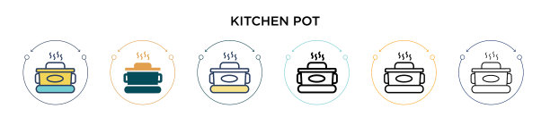 厨房锅的图标在填充细线和轮廓图片下载