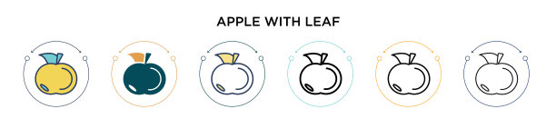 苹果与叶子图标在填充细线轮廓图片下载