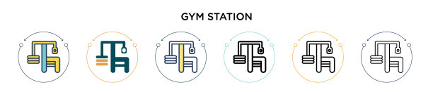 健身房站的图标中填充了细线和轮廓线图片下载