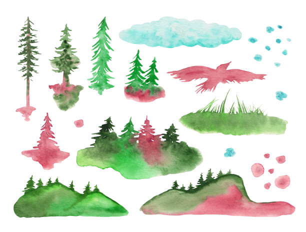 水彩山水自然集旅游。户外山地设计插画森林旅游元素。蓝绿剪影岩峰自然观山环境背景树概念。图片下载