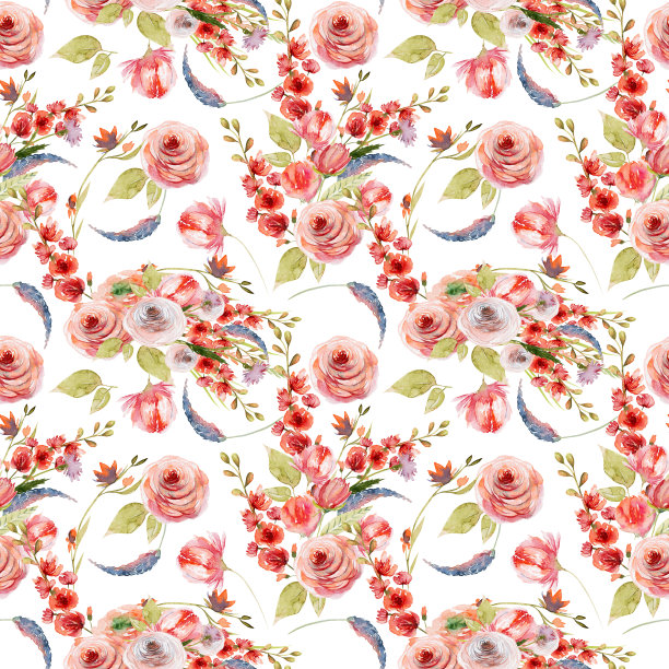 水彩花卉无缝模式的粉红色和红色玫瑰和野花，插图上的白色背景图片下载