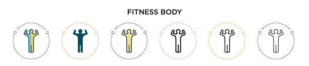 健身身体图标在填充细线轮廓和图片下载