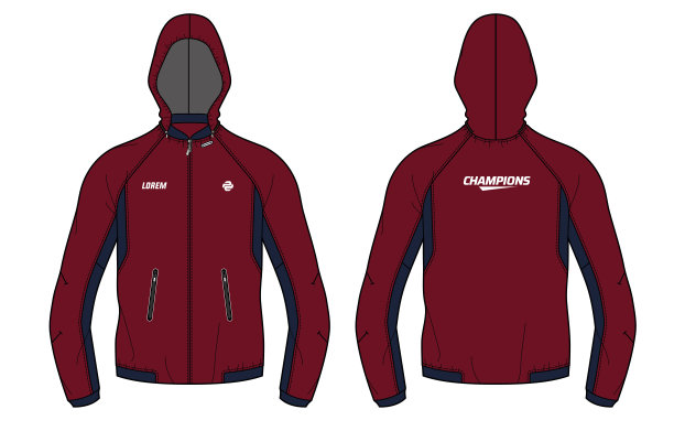 长袖轰炸机连帽夹克设计模板在向量，轰炸机连帽夹克与前和后视图，连帽冬季夹克的男人和女人。冬季跑步和锻炼图片下载