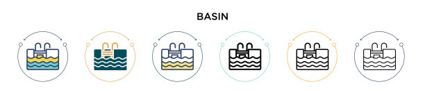 盆地图标在填充细线轮廓和笔画图片下载