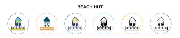 海滩小屋图标在填充细线轮廓和图片下载