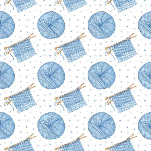 水彩针织工具无缝图案。蓝羊毛绞纱，木制针织针，正在生产的针织面料。手绘背景设计打印图片下载