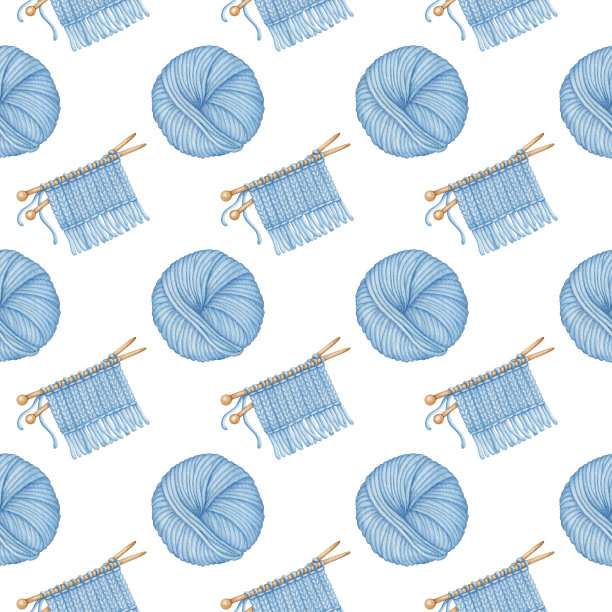 水彩针织工具无缝图案。蓝羊毛绞纱，木制针织针，正在生产的针织面料。手绘背景设计打印图片下载