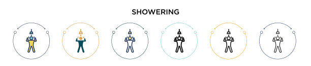 淋浴图标在填充细线轮廓和图片下载