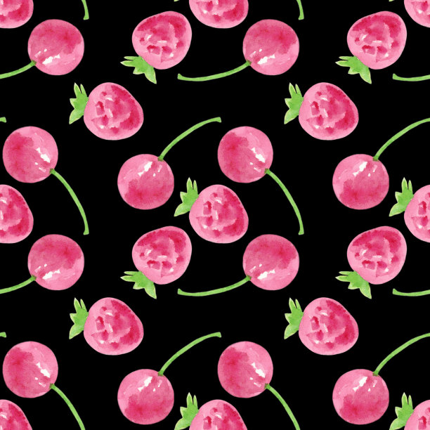 无缝模式与草莓浆果和樱桃在黑色的背景。图片下载