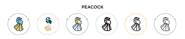 孔雀图标在填充细线的轮廓和图片下载