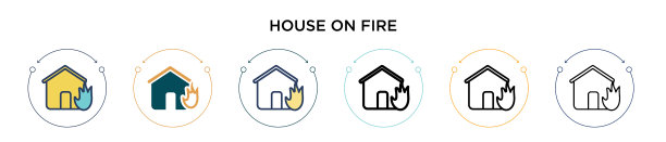 房子着火的图标在填充细线轮廓图片下载