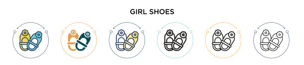 女孩鞋图标在填充细线轮廓和图片下载