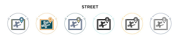 街道图标在填充细线轮廓和图片下载