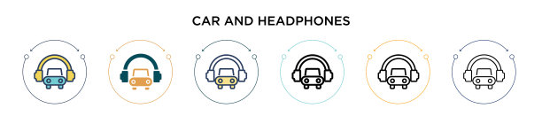 汽车和耳机图标在填充细线图片下载
