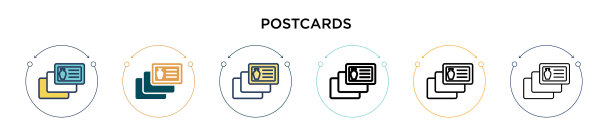 明信片图标在填充细线轮廓和图片下载
