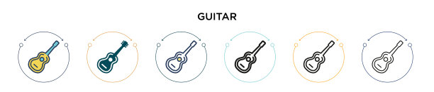 吉他图标在填充细线轮廓和图片下载