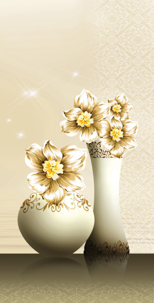 3d插图花瓶。金树的花和光的背景。用于墙框的油画艺术。图片下载