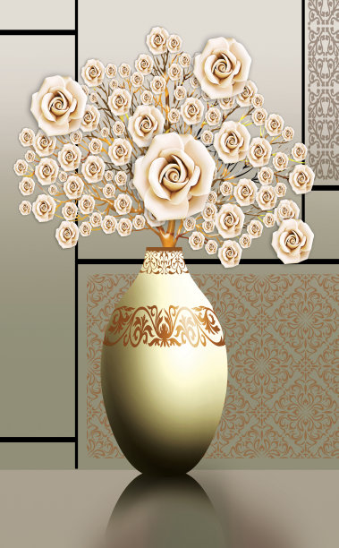 花卉金色树木光线背景花瓶3D插画图片下载