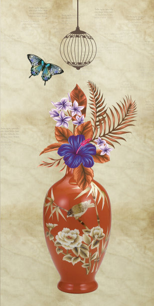 3D彩色花卉蝴蝶花瓶插画，浅色背景，适用于画布墙艺术画框图片下载