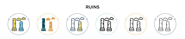 废墟图标在填充细线轮廓和描边图片下载