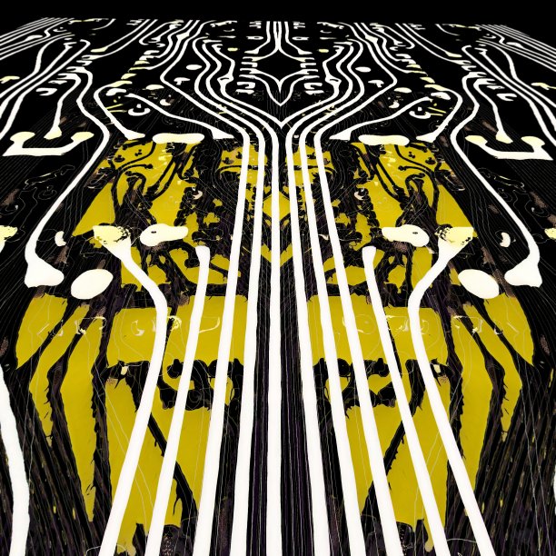 程式化的三维计算机电路板形状图案和方形格式设计在鲜艳的黄色图片下载