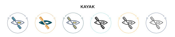 皮艇图标在填充细线轮廓和笔划图片下载