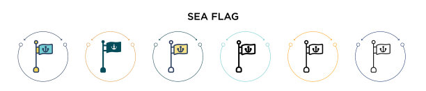 海旗图标在填充细线轮廓和图片下载