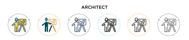 建筑师图标在填充细线轮廓和图片下载