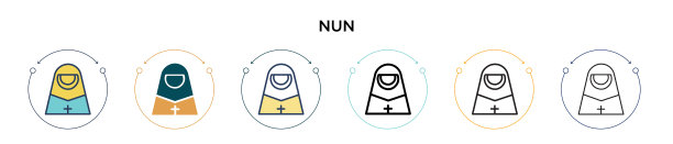 修女图标在填充细线轮廓和描边图片下载