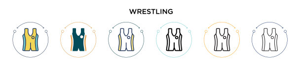 摔跤图标在填充细线和轮廓线图片下载
