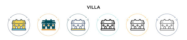 别墅图标在填充细线轮廓和描边图片下载