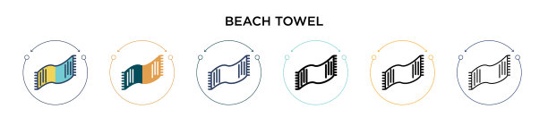 沙滩浴巾图标在填充细线轮廓和图片下载