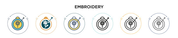 刺绣图标在填充细线轮廓和图片下载