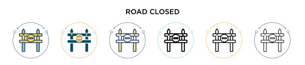 道路封闭图标在填充细线轮廓和图片下载