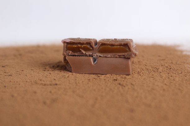 巧克力填充盐焦糖躺在可可上，白色的背景有文字和复制的空间，当天的巧克力封面图片下载