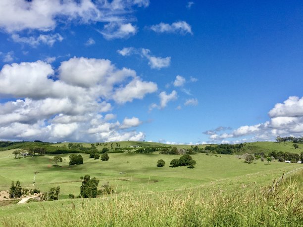 在一个阳光明媚的日子里，乡村绿山的景色图片下载