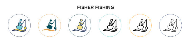 渔人钓鱼图标中填充细线轮廓图片下载