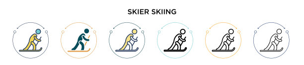 滑雪者滑雪图标在填充细线轮廓和图片下载