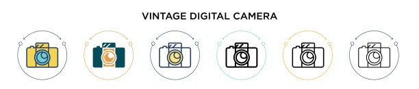 复古数码相机图标在填充细线图片下载